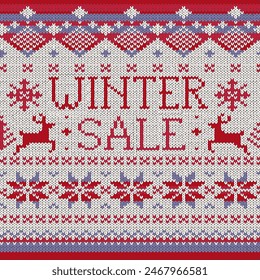 Ugly Sweater style seamless pattern with text. Merry Christmas party outfit. Vector illustration Handmade knitted background with christmas tree, snowflake, scandinavian decor. 