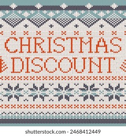 Ugly Sweater style seamless pattern with text. Merry Christmas party outfit. Vector illustration Handmade knitted background with christmas tree, snowflake, scandinavian decor. White, red knitting