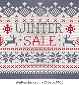 Ugly Sweater style seamless pattern with text. Merry Christmas party outfit. Vector illustration Handmade knitted background with christmas tree, snowflake, scandinavian decor.