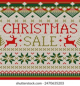 Ugly Sweater style seamless pattern with text. Merry Christmas party outfit. Vector illustration Handmade knitted background with christmas tree, snowflake, scandinavian decor.