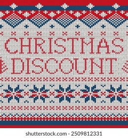 Ugly Sweater style seamless pattern with text. Merry Christmas party outfit. Vector illustration Handmade knitted background with christmas tree, snowflake, scandinavian decor.