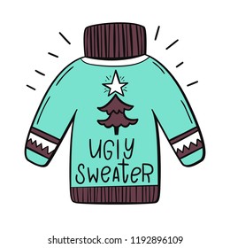 Ugly sweater. Vector illustration in hand-drawn style. Christmas tree.