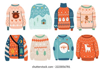 Ugly sweaters. Cute Christmas knitted clothes with holiday patterns and decorations. Warm wear. Xmas colorful garment. Jerseys with traditional prints. Cozy pullovers