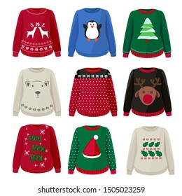 Ugly sweaters. Funny christmas clothes jumper with decoration cute snowflakes vector sweaters collection