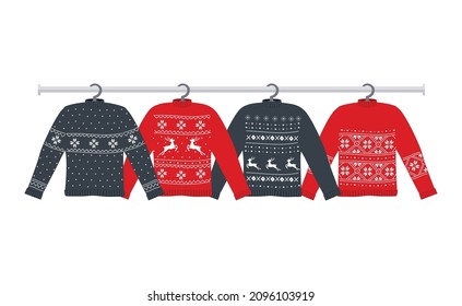 Ugly Sweaters on hangers. There are red and blue Christmas sweaters with deers, fir trees, snowflakes in the picture. Vector illustration