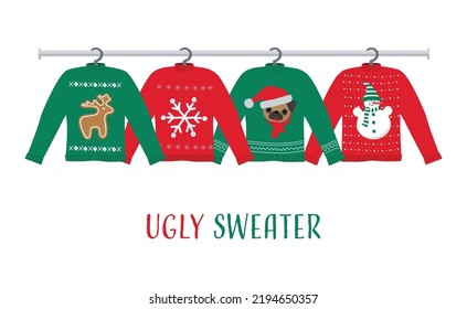 Ugly Sweaters on hangers. There are red and green Christmas sweaters with deer, snowman, puppy, snowflake in the picture. Vector illustration