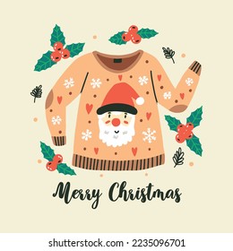 Ugly Sweaters party print with greeting lettering Merry Christmas. Design element for greeting cards, banners, flyers and t shirts. Vector illustration