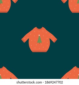 Ugly sweaters pattern. Christmas seamless pattern. Red Christmas sweater vector pattern. Sweater with Christmas tree on a dark background