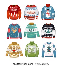 Ugly sweaters set. Christmas sweaters isolated on white background. Vector illustration