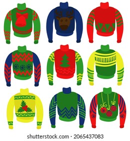 Ugly sweaters set, festive Christmas pullovers with different patterns vector illustration