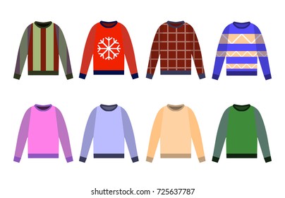 Ugly sweaters set icon, Yellow, red, blue jumper isolated on white background. Flat design Vector Illustration