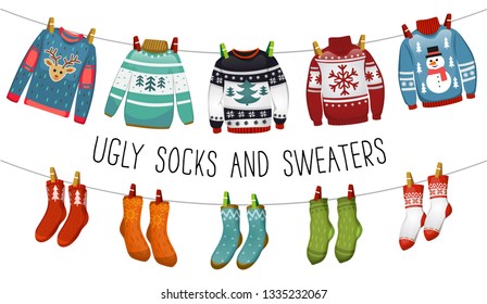 Ugly sweaters and socks collection. Christmas socks and swealers for party, invitation, greeting card in cartoon style. Ugly sweater party elements. Vector Christmas decorations and clothing set.