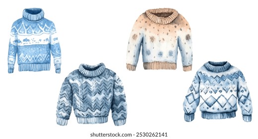 Ilustración vectorial de suéteres feos en estilo acuarela. Jerseys de color azul índigo y beige marrón. Colección del Clipart del suéter aislada en el fondo blanco. Chaquetas o suéteres de invierno