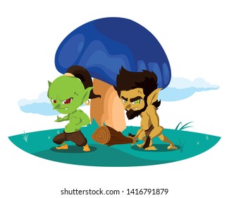 ugly troll with caveman gnome in the camp magic characters