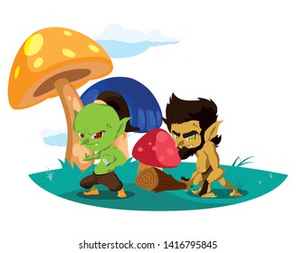 ugly troll with caveman gnome in the camp magic characters