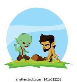 ugly troll with caveman gnome in the camp magic characters