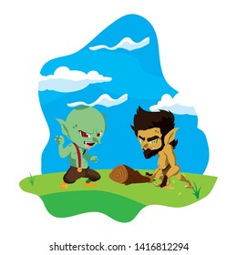 ugly troll with caveman gnome in the camp magic characters