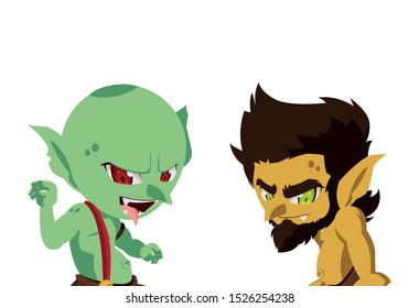 ugly troll with caveman gnome magic characters vector illustration design