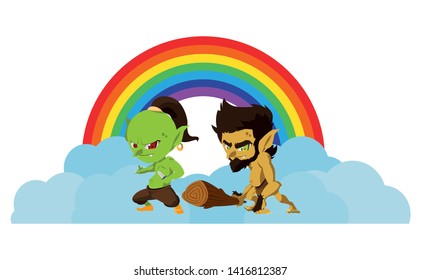 ugly troll with caveman gnome and rainbow