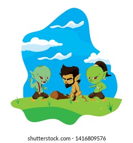ugly trolls with caveman gnome in the camp magic characters