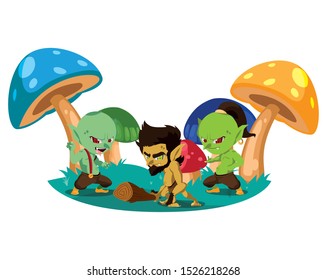 ugly trolls with caveman gnome in the camp magic characters vector illustration