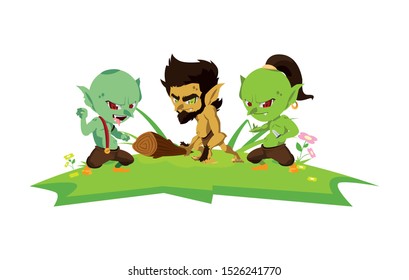 ugly trolls with caveman gnome in the camp magic characters vector illustration