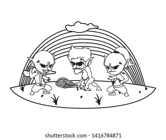 ugly trolls with caveman gnome and rainbow scene