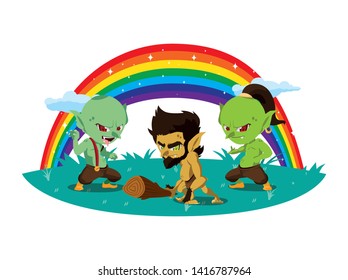 ugly trolls with caveman gnome and rainbow scene
