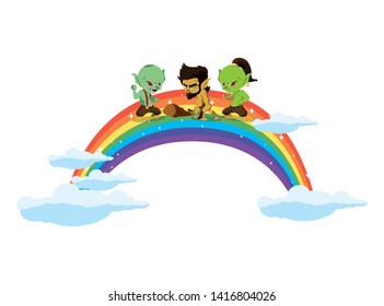 ugly trolls with caveman gnome and rainbow scene
