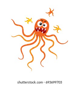 Ugly virus, germ, bacteria character with human face and tentacles, cartoon vector illustration on white background. Scary bacteria, virus, germ monster with human face, tentacles and sharp teeth