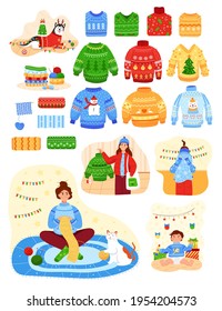 Ugly winter sweater, set warm colorful jumpers, cute holiday gift, design cartoon style vector illustration, isolated on white.