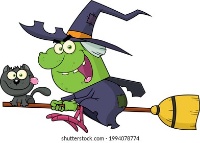 Ugly Witch And Cat Flying On A Broom Stick Cartoon Characters. Vector Hand Drawn Illustration Isolated On Transparent Background