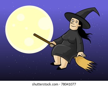 Ugly Witch Flying on a Magical Broom in Front of Full Moon. 