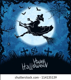 Ugly witch flying over cemetery. Blue grungy halloween background. Vector Illustration.