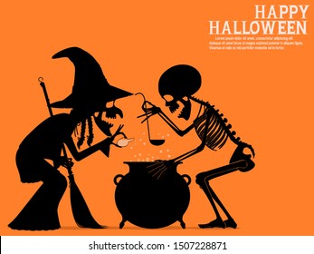 The ugly witch and the skeleton are cooking together
