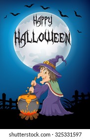 The ugly witch is stirring the potion on big moon background
