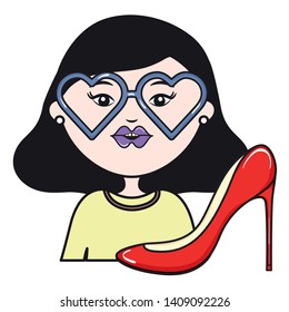 ugly woman with heart glasses and heel pop art style