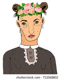 Ugly woman with a wreath of roses on the head