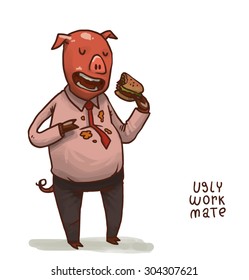 ugly work mate with hamburger, vector