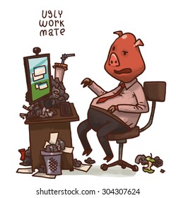 ugly work mate and his work place, vector
