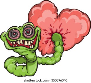 ugly worm eating a heart, vector, isolated on white