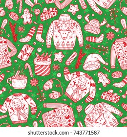 Ugly Xmas Sweater Party. Vector Christmas Seamless pattern. Hand Drawn Doodle Christmas festive knitted clothes, gifts boxes, sweets, gingerbread cookies, mulled wine, spice. Holiday background