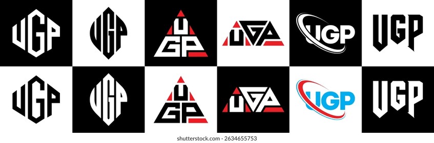 UGP letter logo design in six style. UGP polygon, circle, triangle, hexagon, flat and simple style with black and white color variation letter logo set in one artboard. UGP minimalist and classic logo