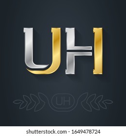 UH - 2-letter code. Initials or silver logo for personal brand. U and H - Metallic 3d icon or logotype template. Design element with line art option.