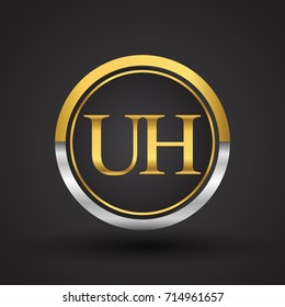 UH Letter logo in a circle, gold and silver colored. Vector design template elements for your business or company identity.