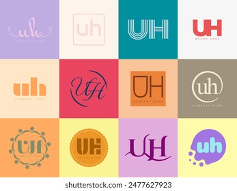 UH logo company template. Letter u and h logotype. Set different classic serif lettering and modern bold text with design elements. Initial font typography. Collection trendy business identity.