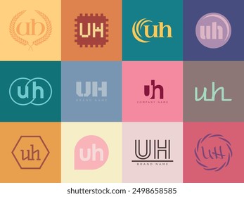 UH logo company template. Letter u and h logotype. Set different classic serif lettering and modern bold text with design elements. Initial font typography. Collection trendy business identity.