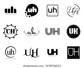 UH logo company template. Letter u and h logotype. Set different classic serif lettering and modern bold text with design elements. Initial font typography. Collection trendy business identity.