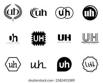 UH logo company template. Letter u and h logotype. Set different classic serif lettering and modern bold text with design elements. Initial font typography. Collection trendy business identity.