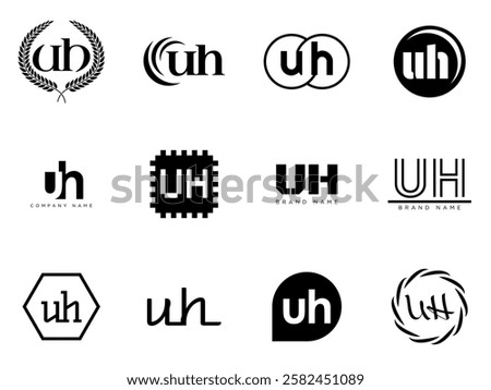 UH logo company template. Letter u and h logotype. Set different classic serif lettering and modern bold text with design elements. Initial font typography. Collection trendy business identity.